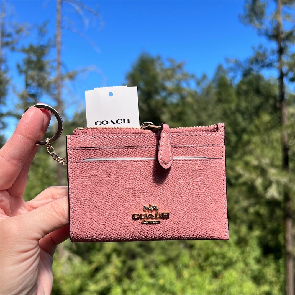 COACH Mini Skinny ID Case Cardholder Keychain Wallet Blush Pink Gold Hardware